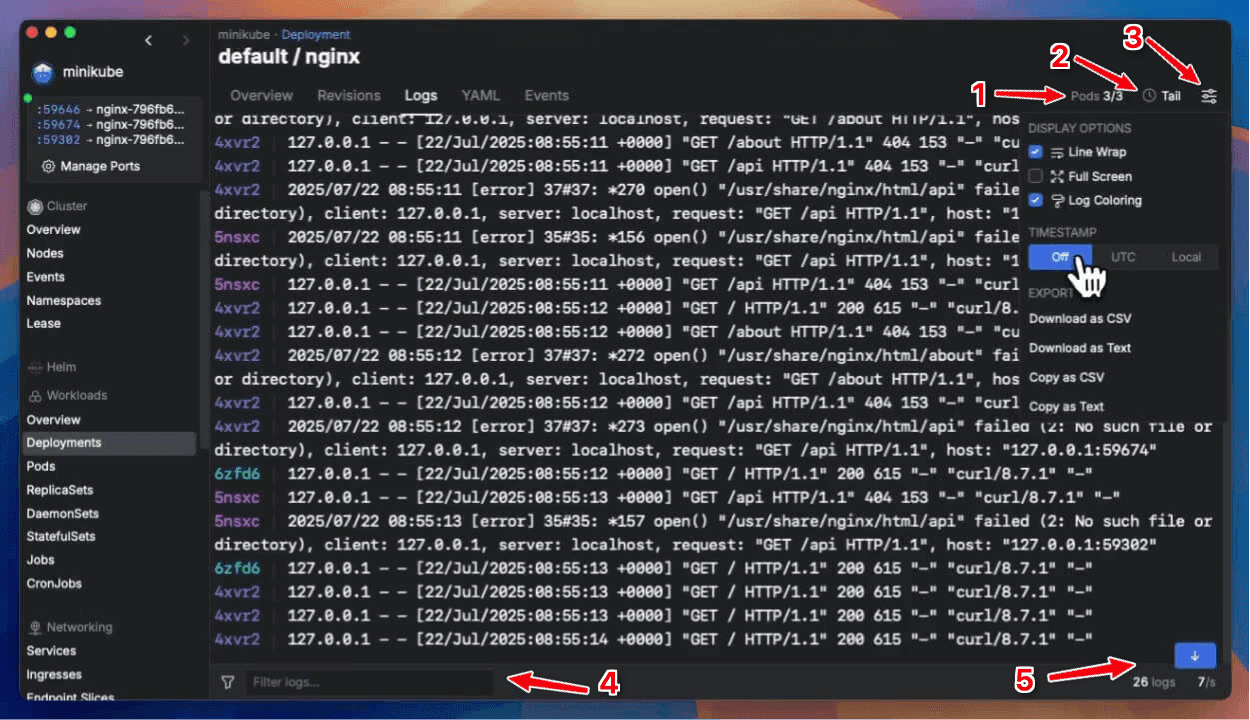 Screenshot of Aptakube showing logs from multiple pods in one view