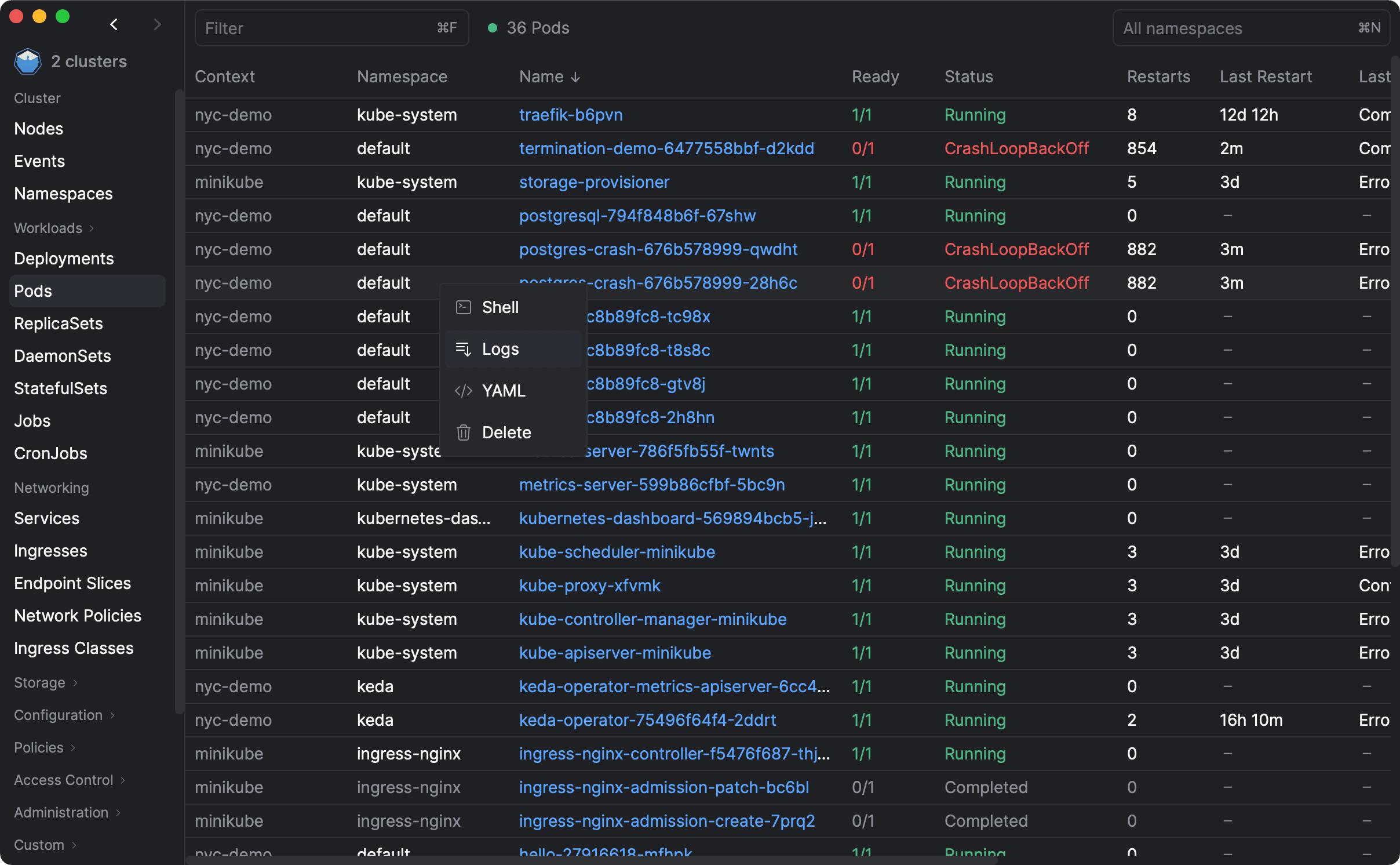 Screenshot of Aptakube showing a list of pods from 2 clusters in a single view