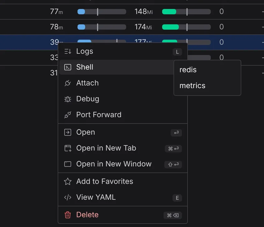 Quick actions in Aptakube