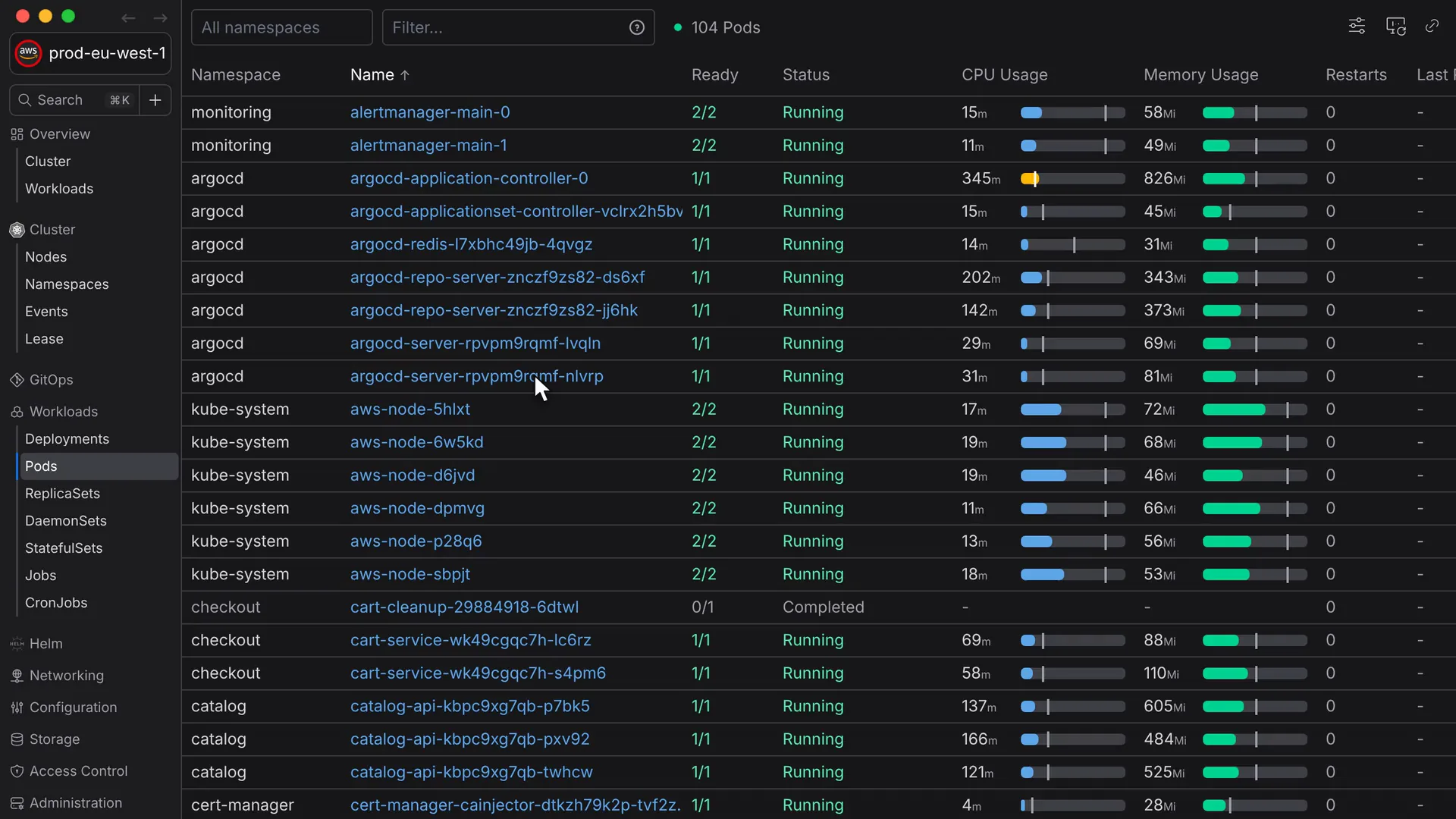 Aptakube showing pods from three clusters in one table