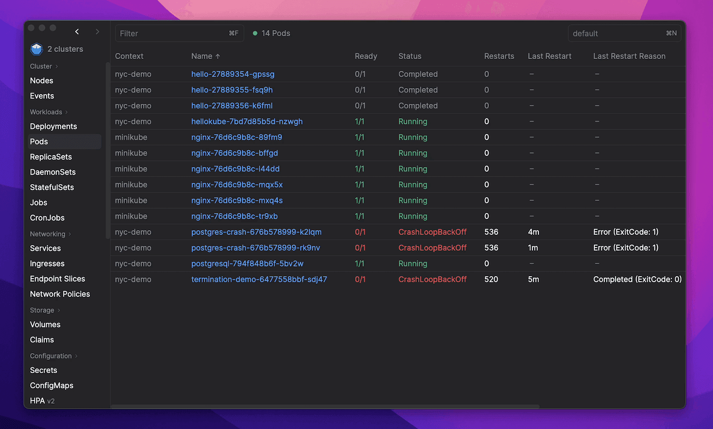 Screenshot of Aptakube showing pods from two clusters in one view