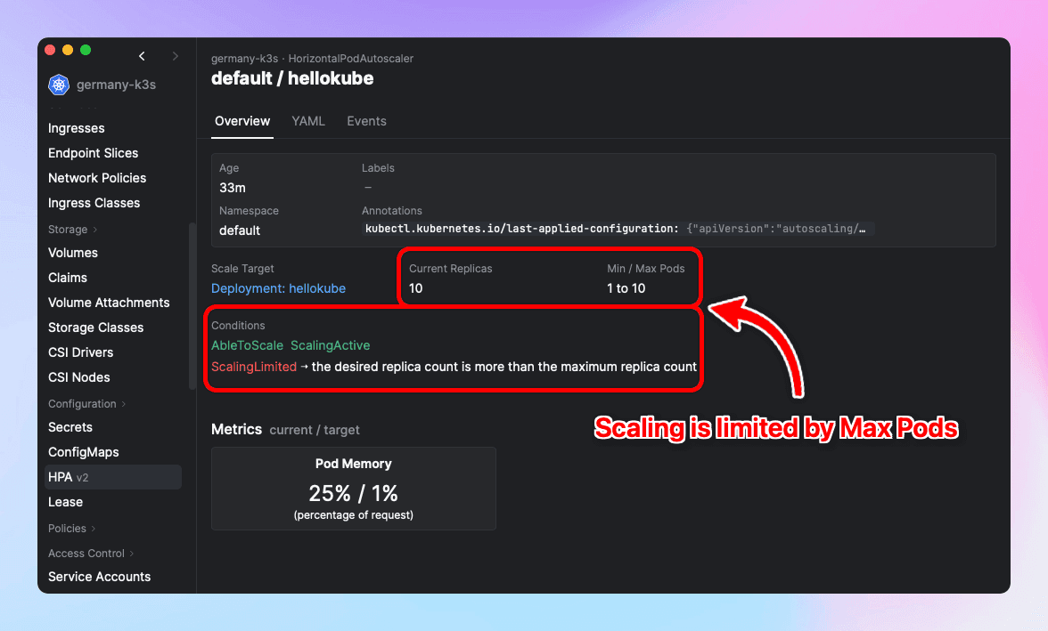 Screenshot of Aptakube showing a HPA with limited scaling.