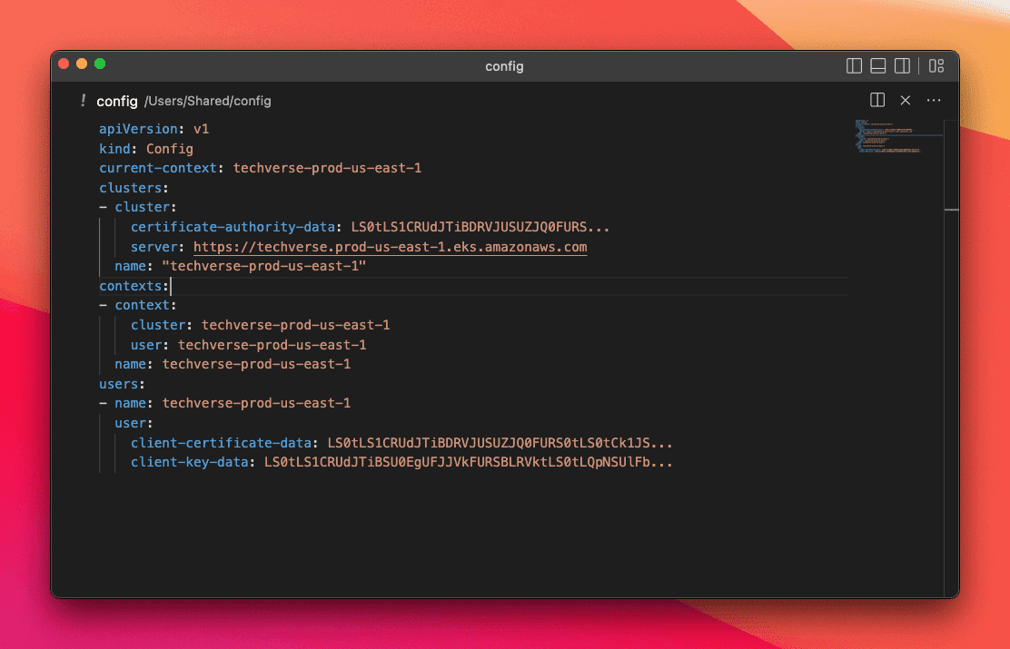 Screenshot of a kubeconfig file which is compatible with Aptakube
