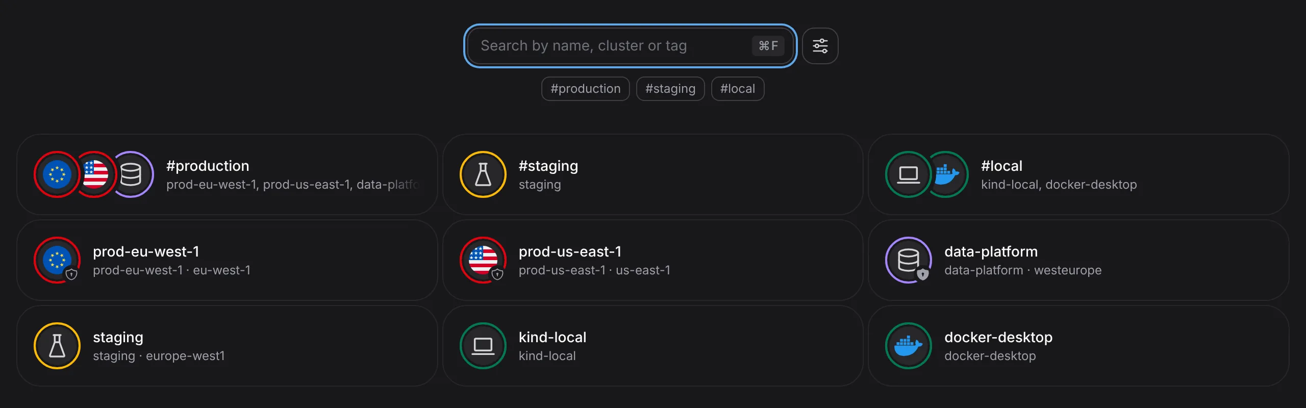 Aptakube's contexts screen: the EKS clusters in Europe and the US have a flag icon and a red ring, the data platform is read-only, and the contexts are grouped by the production, staging and local tags