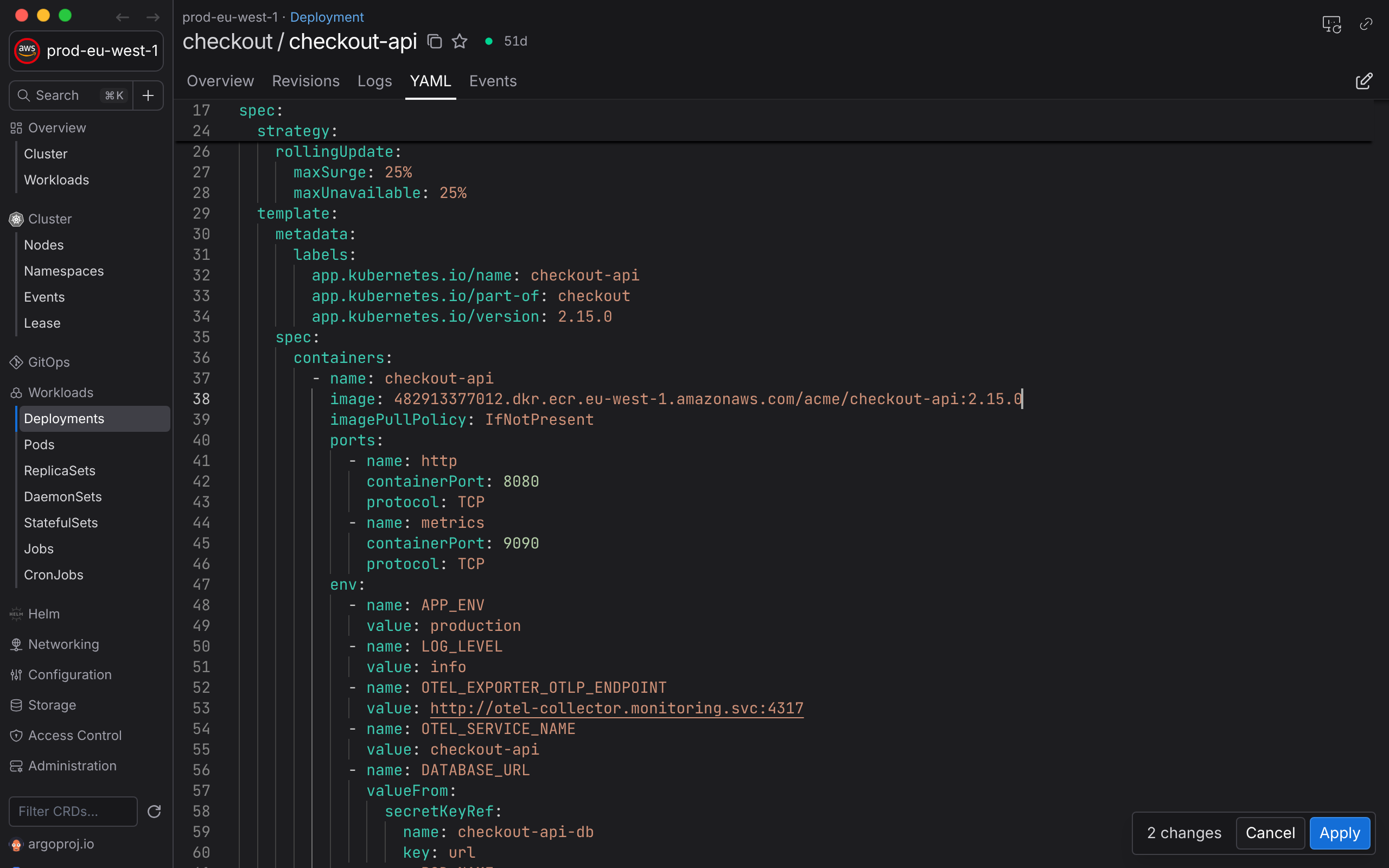 Editing the YAML of a Deployment, with two pending changes
