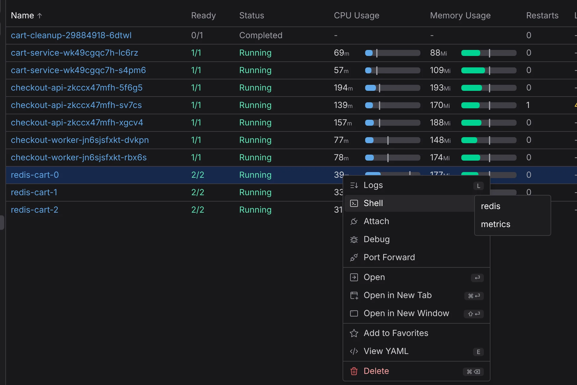 Quick actions in Aptakube