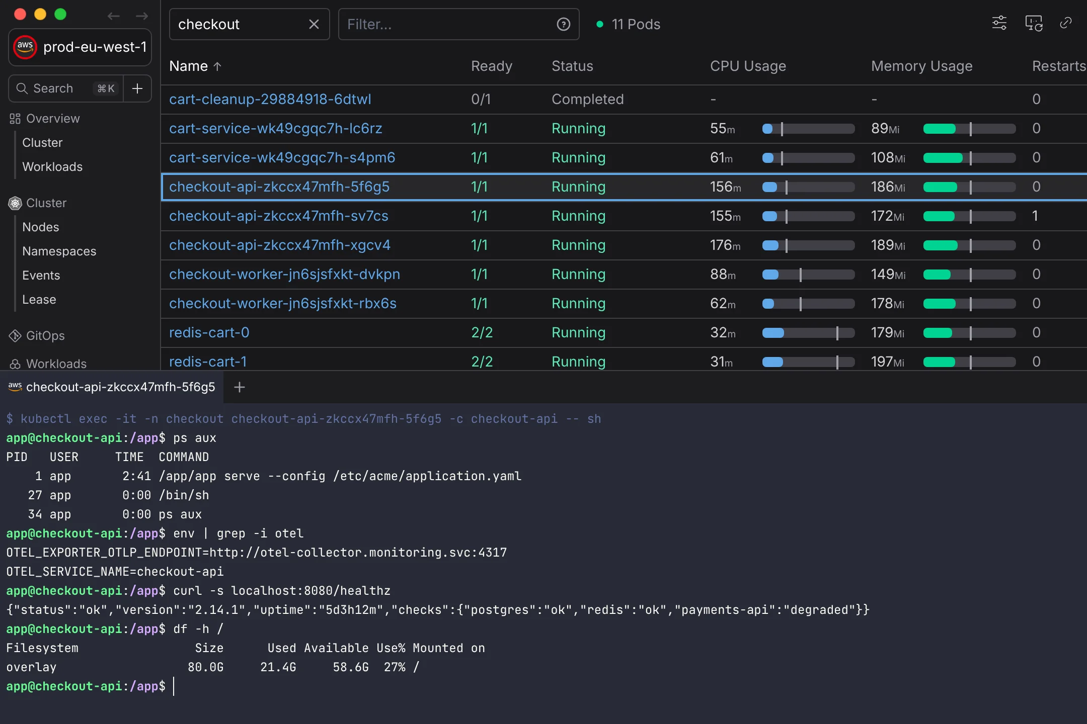 Shell into any container in Aptakube