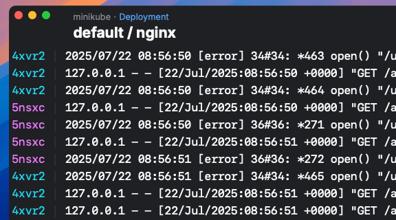 Screenshot of Aptakube showing logs from multiple pods in one view