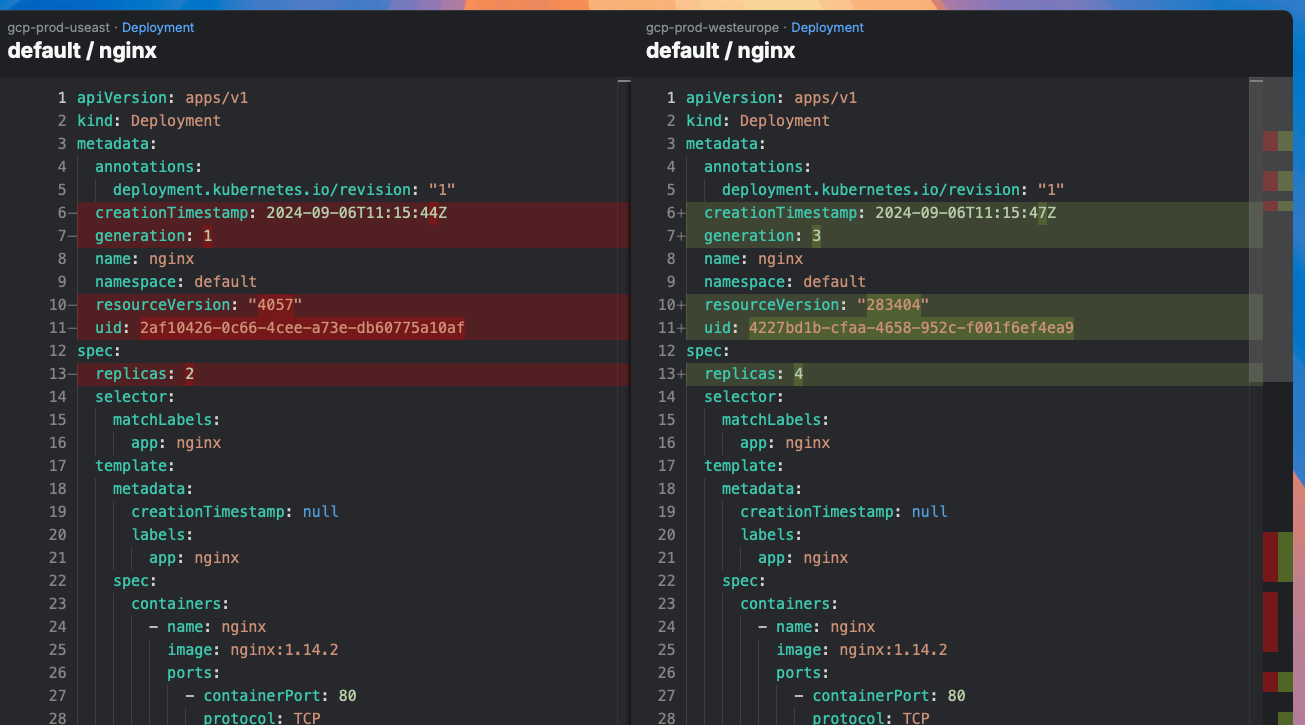 Aptakube can compare resources across different clusters or namespaces