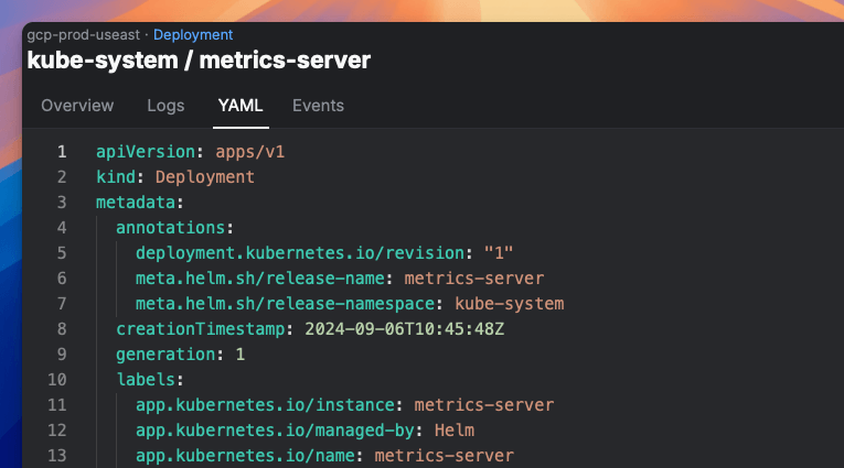 Screenshot of Aptakube showing view and edit YAML capabilities