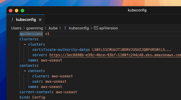 Screenshot of a kubeconfig file which is compatible with Aptakube